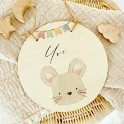Personalisiertes Türschild aus Holz für das Kinderzimmer, Motiv: Maus