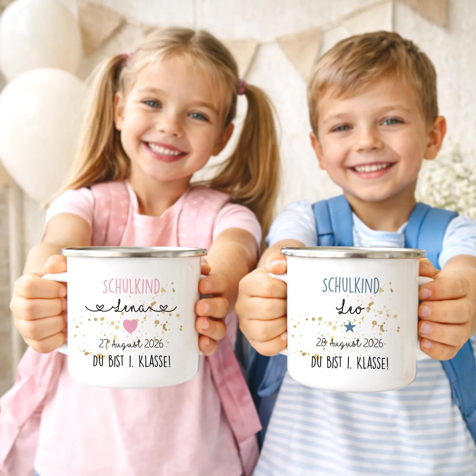 Personalisierte Tasse für das Schulkind | Geschenk für Jungen und Mädchen mit Namen und Datum | 2 Farbvarianten zur Auswahl