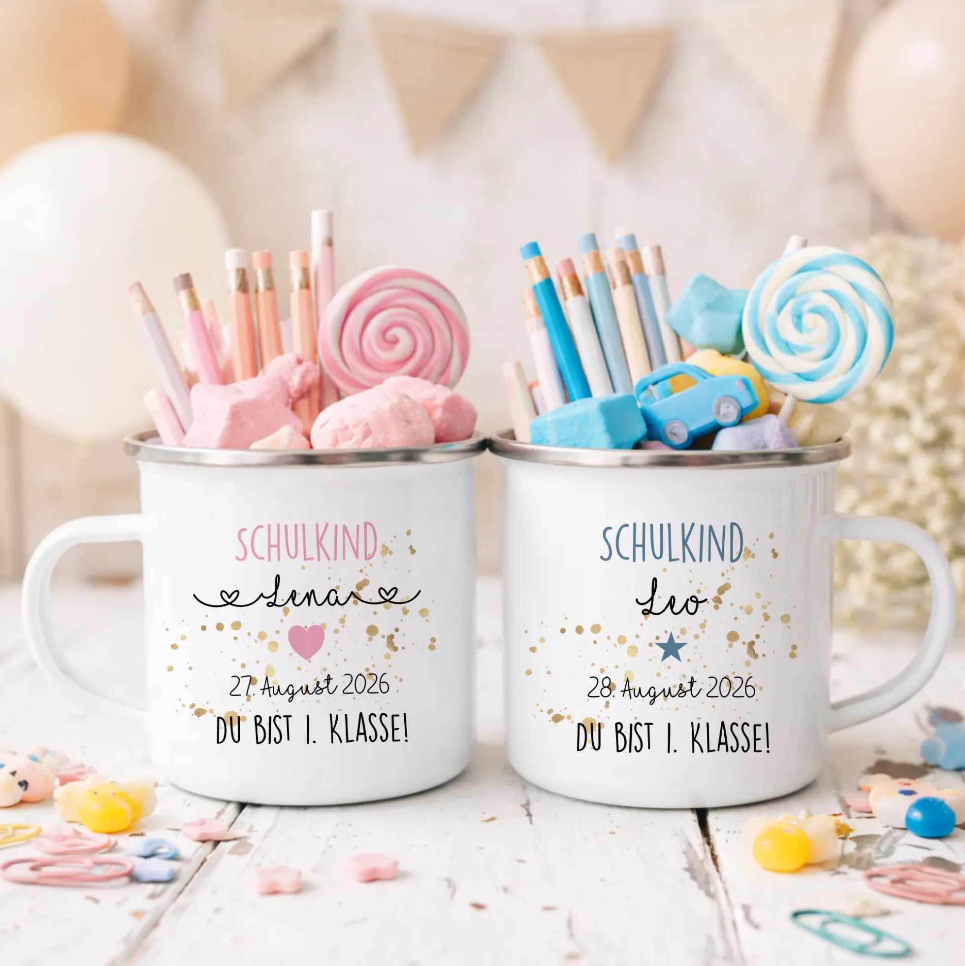 Personalisierte Tasse zur Einschulung | Geschenkidee mit Namen und Datum | 2 Farbvarianten zur Auswahl