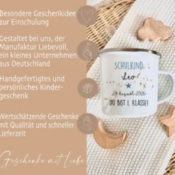 Personalisierte Tasse zur Einschulung | Geschenkidee mit Namen und Datum | 2 Farbvarianten zur Auswahl