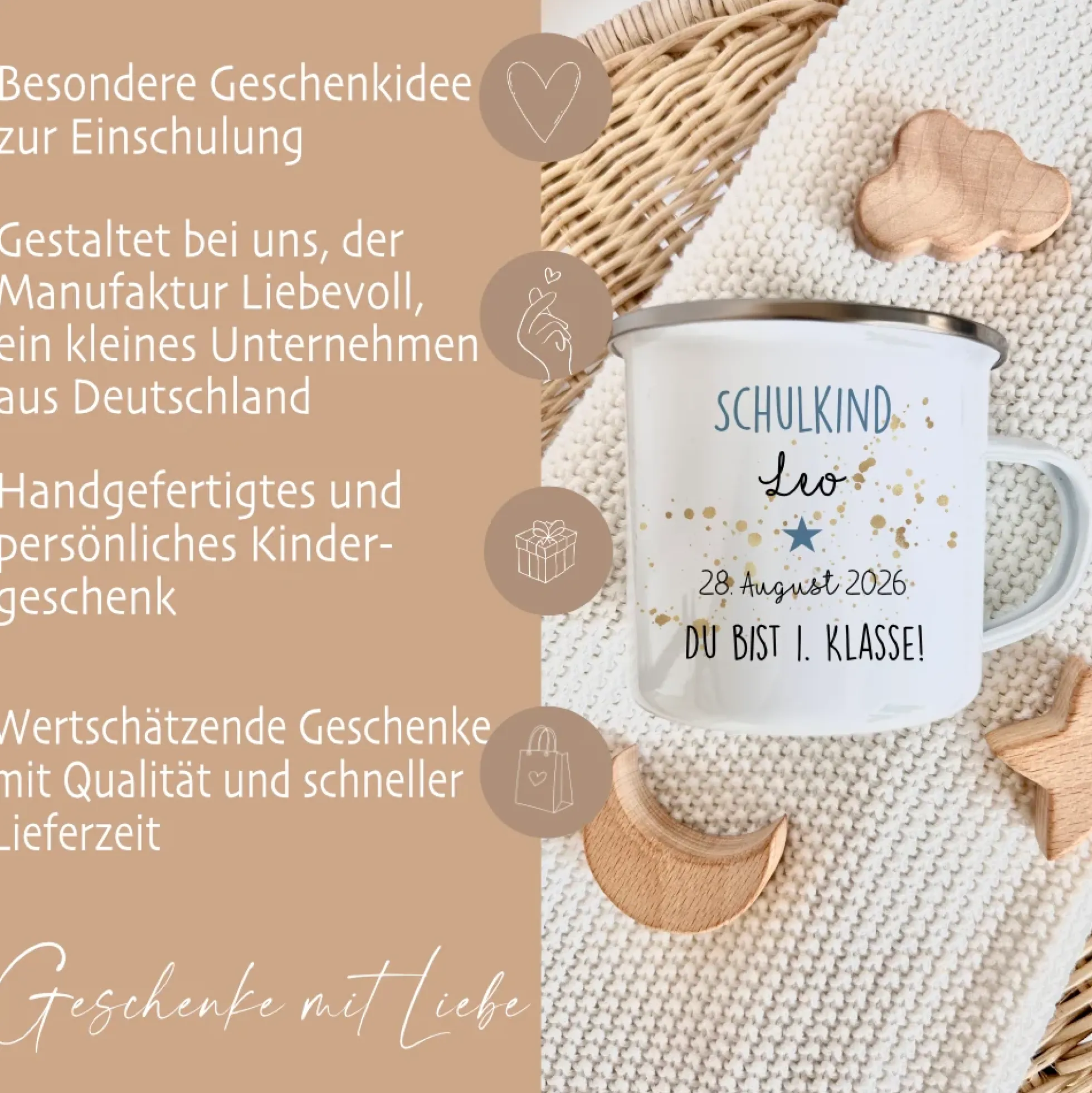 Personalisierte Tasse zur Einschulung | Geschenkidee mit Namen und Datum | 2 Farbvarianten zur Auswahl