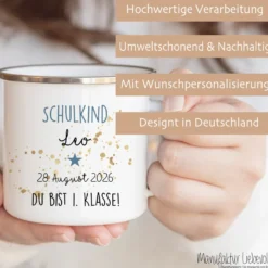 Personalisierte Tasse zur Einschulung | Geschenkidee mit Namen und Datum | 2 Farbvarianten zur Auswahl