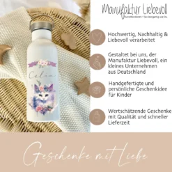 Personalisierte Trinkflasche "Katze" für Mädchen mit Namen | Thermosflasche aus Edelstahl mit Bambusdeckel für Kinder Teenager Schule Kita 500ml