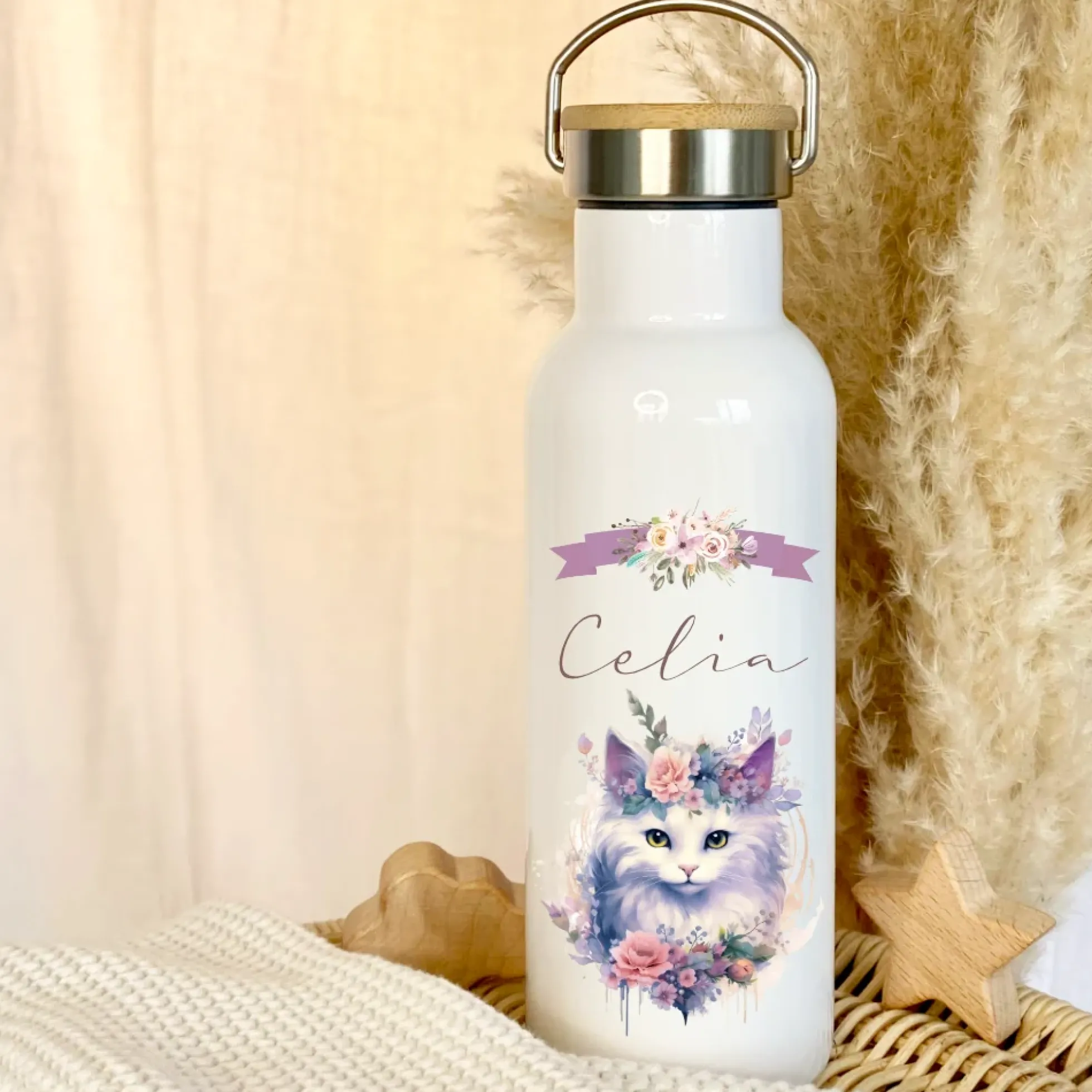 Personalisierte Trinkflasche "Katze" für Mädchen mit Namen | Thermosflasche aus Edelstahl mit Bambusdeckel für Kinder Teenager Schule Kita 500ml