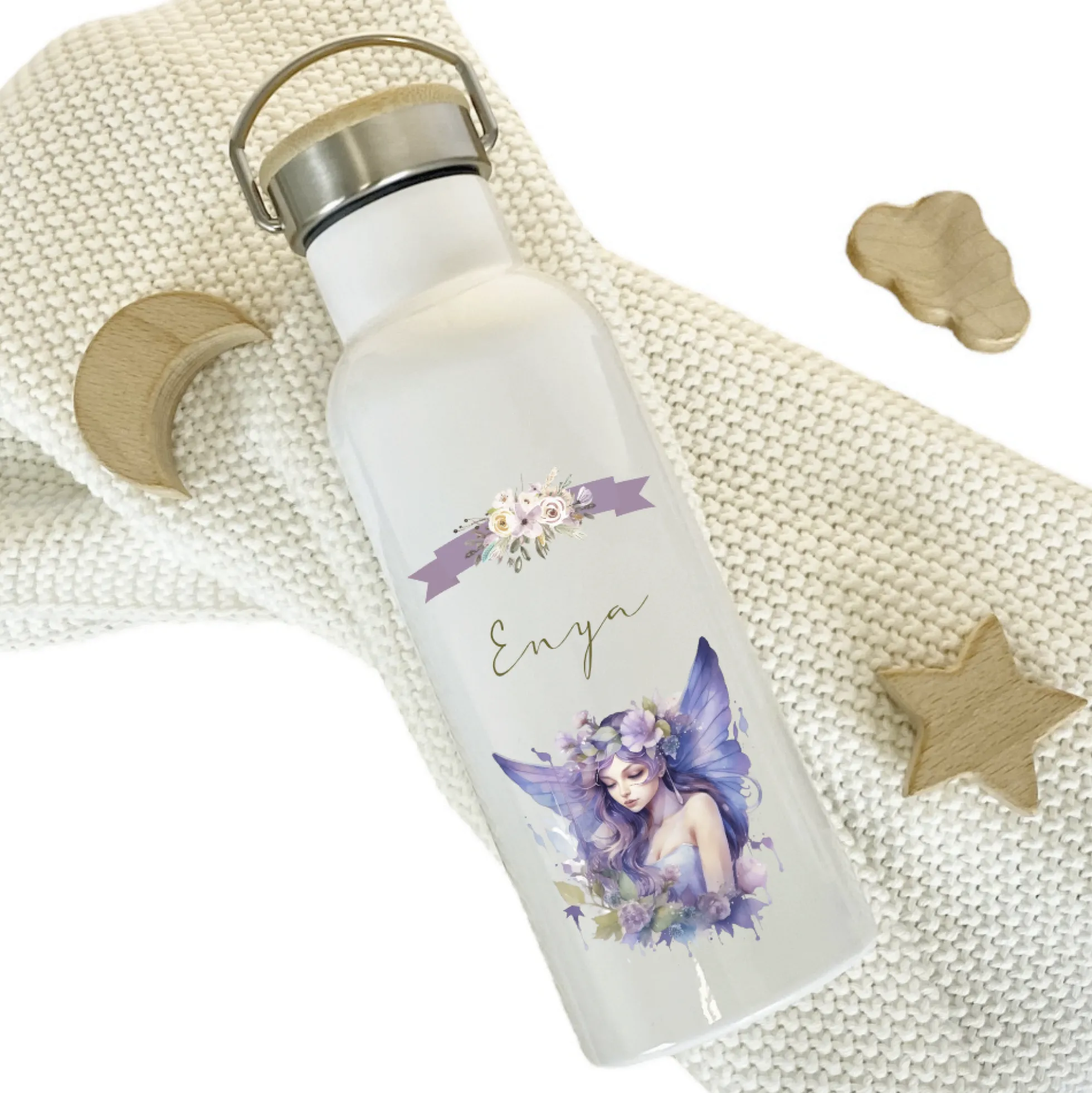 Personalisierte Trinkflasche "Fee" für Mädchen mit Namen | Thermosflasche aus Edelstahl mit Bambusdeckel für Kinder Teenager Schule Kita 500ml