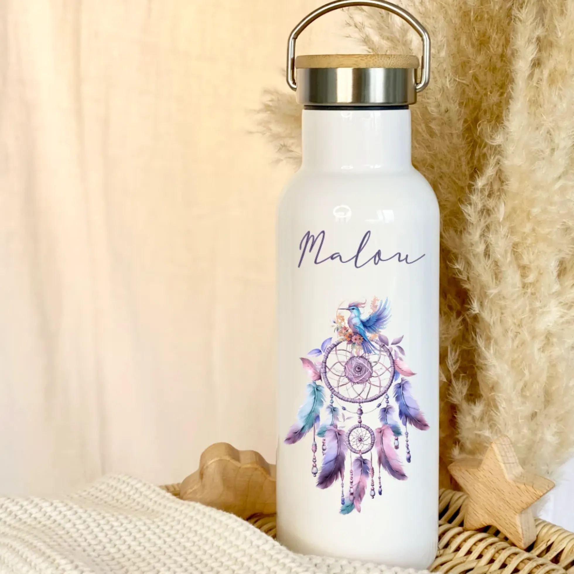 Personalisierte Trinkflasche "Traumfänger" für Mädchen mit Namen | Thermosflasche aus Edelstahl mit Bambusdeckel für Kinder Teenager Schule Kita 500ml