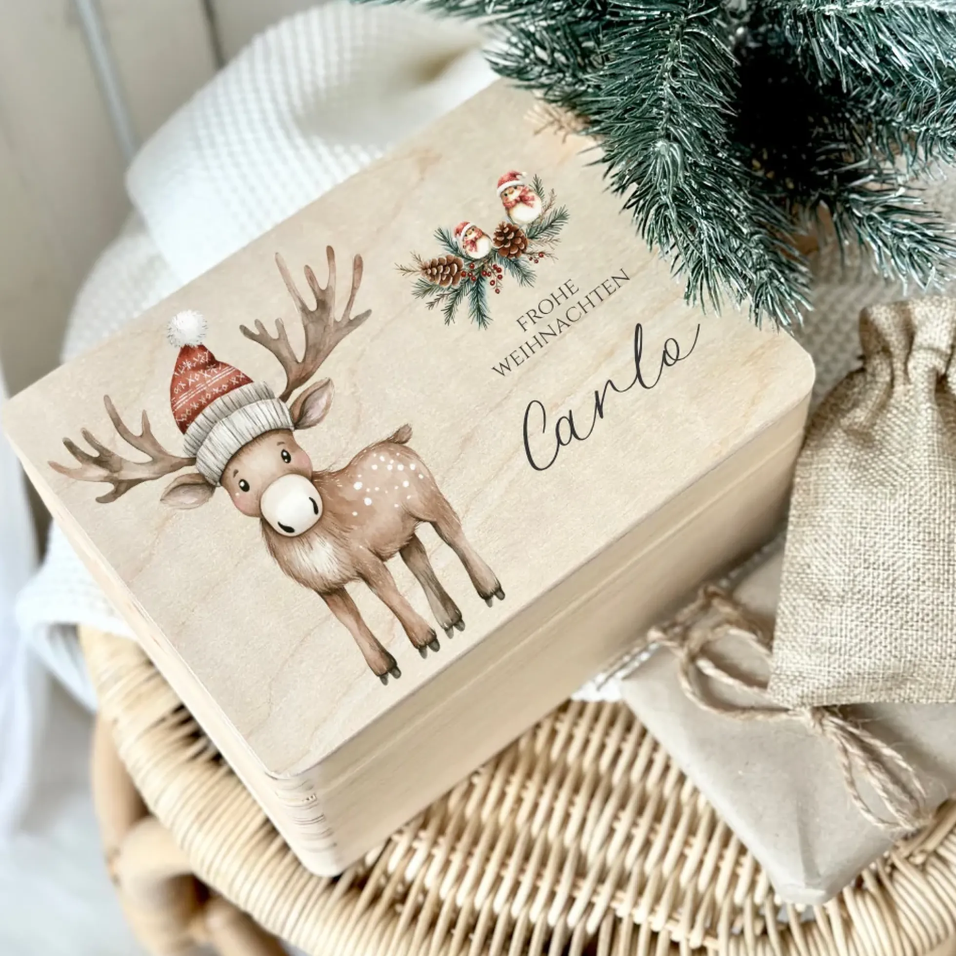 Personalisiert Weihnachten Holzbox Elch Holzbox Geschenk Frohe Weihnachten Personalisierte Heiligabend Box für Kinder Elch Weihnachtsbox