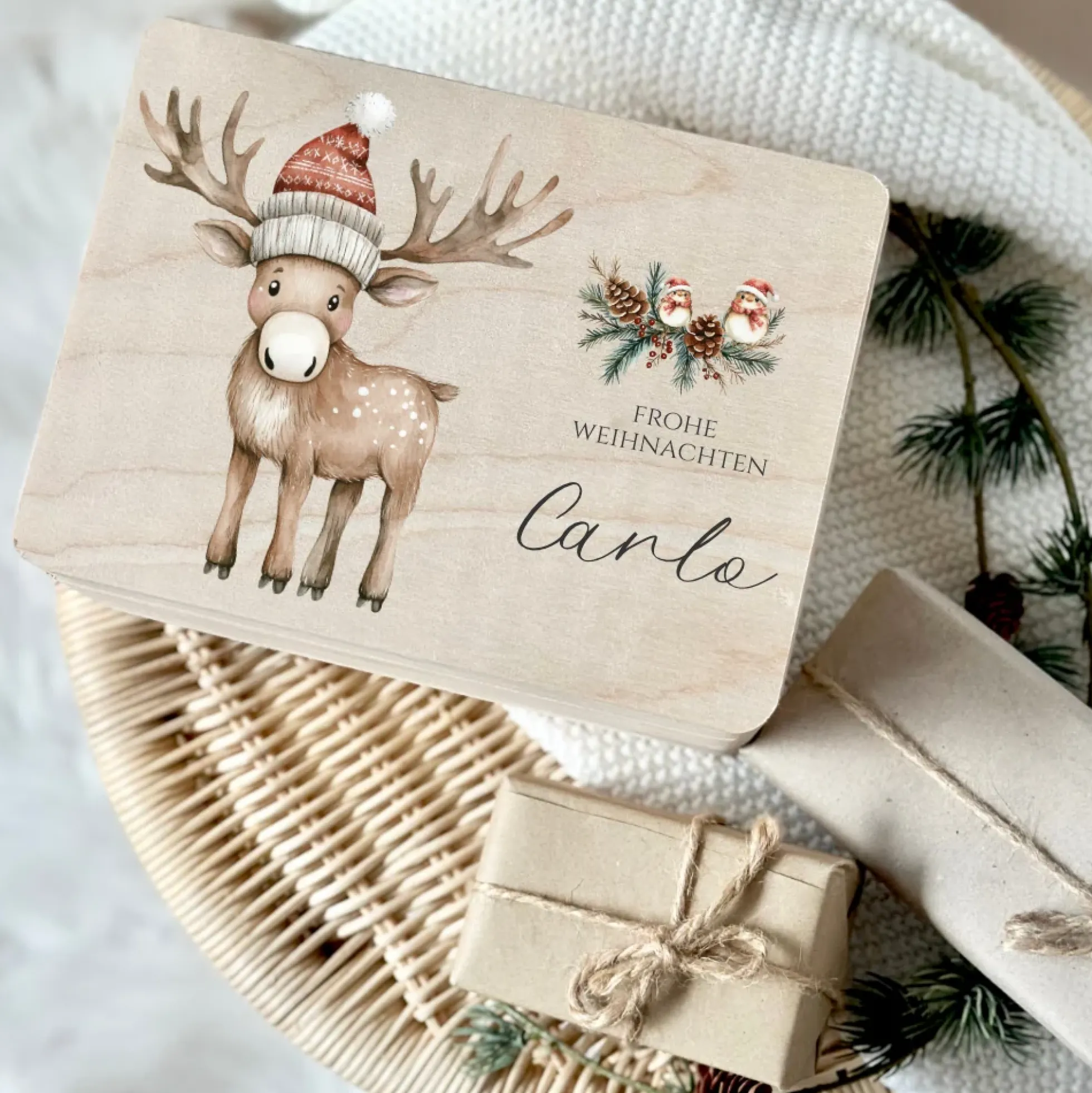 Personalisiert Weihnachten Holzbox Elch Holzbox Geschenk Frohe Weihnachten Personalisierte Heiligabend Box für Kinder Elch Weihnachtsbox