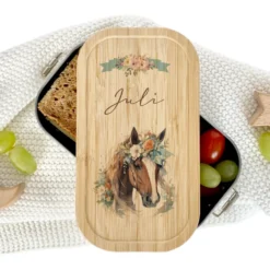 Pferde Brotdose wählbar in Edelstahl mit Bambusdeckel und Namen für Mädchen | Brotbox mit Pony | Personalisiertes Geschenk für Kinder + Pony Stoff Schultüte für Mädchen graue Zuckertüte Pferd Boho Name personalisiert Einschulungstüte Datum Blumen 70 cm