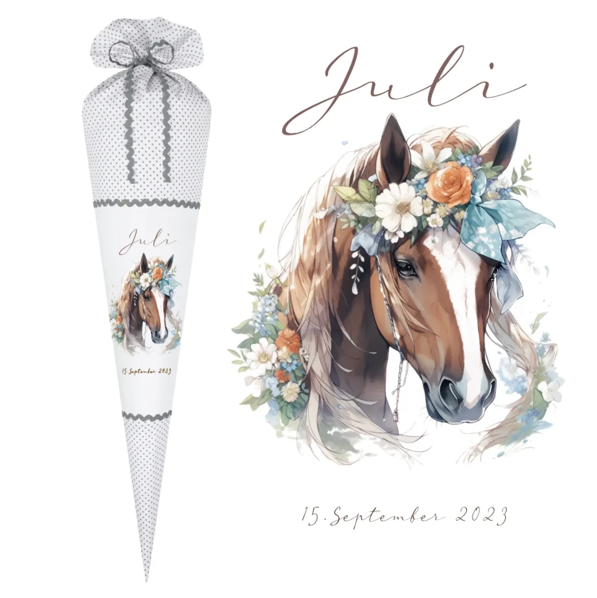 Pferde Brotdose wählbar in Edelstahl mit Bambusdeckel und Namen für Mädchen | Brotbox mit Pony | Personalisiertes Geschenk für Kinder + Pony Stoff Schultüte für Mädchen graue Zuckertüte Pferd Boho Name personalisiert Einschulungstüte Datum Blumen 70 cm
