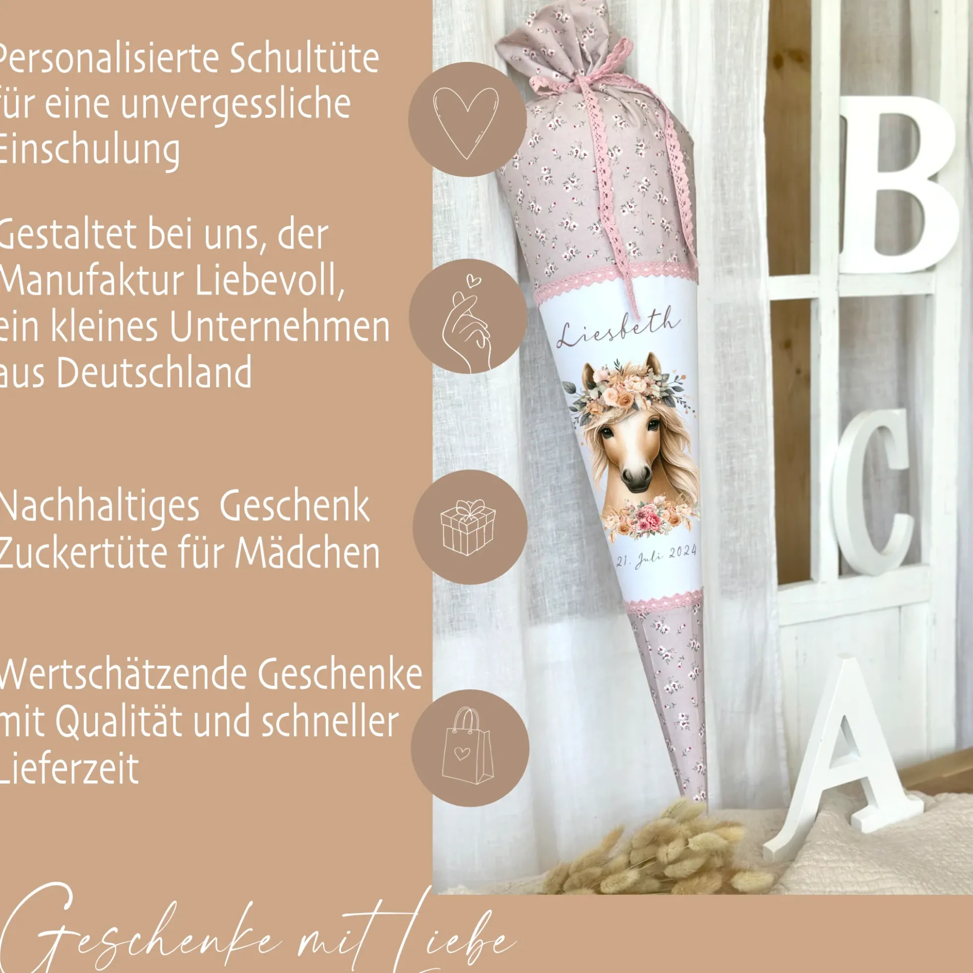 Pferde Schultüte Mädchen Personalisiert Schultüte Zuckertüte Mädchen Schultüte Stoff Zuckertüte Pony Stoffschultüte