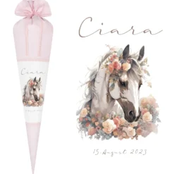 Pferde Stoff Schultüte Pony Zuckertüte in Rosa für Mädchen mit Namen Einschulungstüte Einschulung Datum Blumen Füllkissen 70 cm I Optional mit Füllkissen und Spitzenschutz