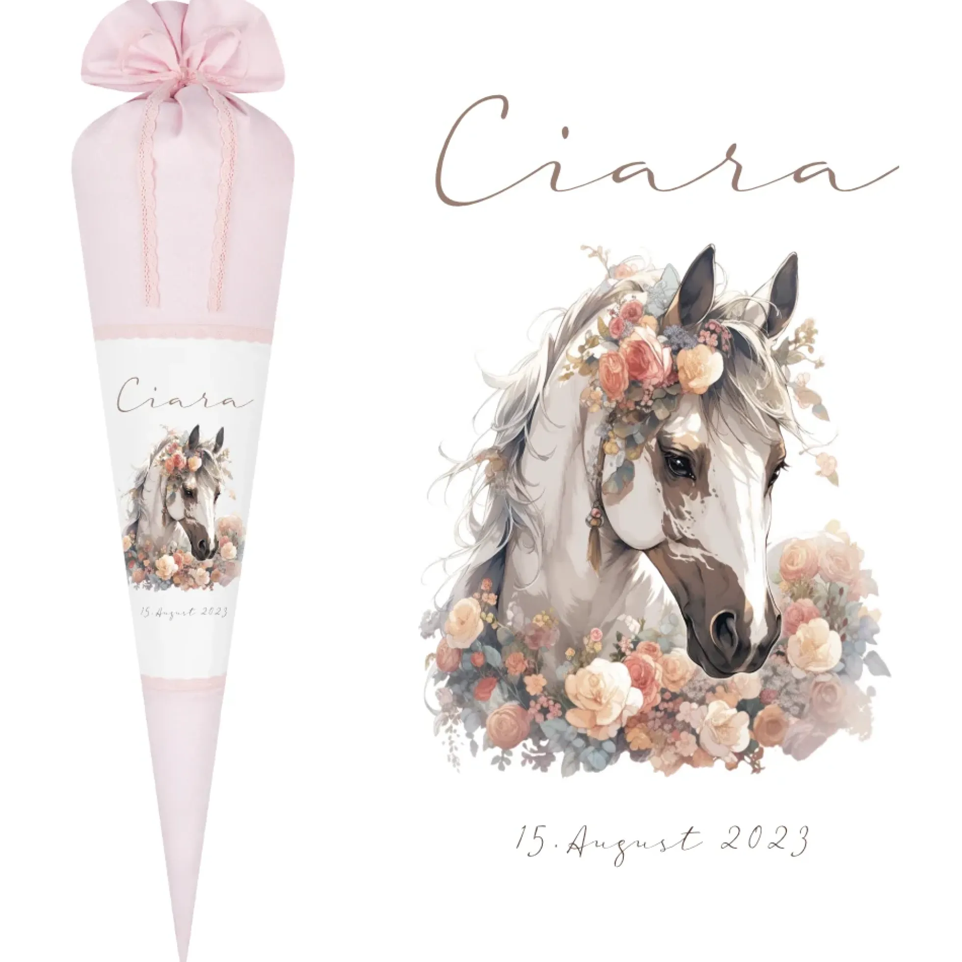 Pferde Stoff Schultüte Pony Zuckertüte in Rosa für Mädchen mit Namen Einschulungstüte Einschulung Datum Blumen Füllkissen 70 cm I Optional mit Füllkissen und Spitzenschutz