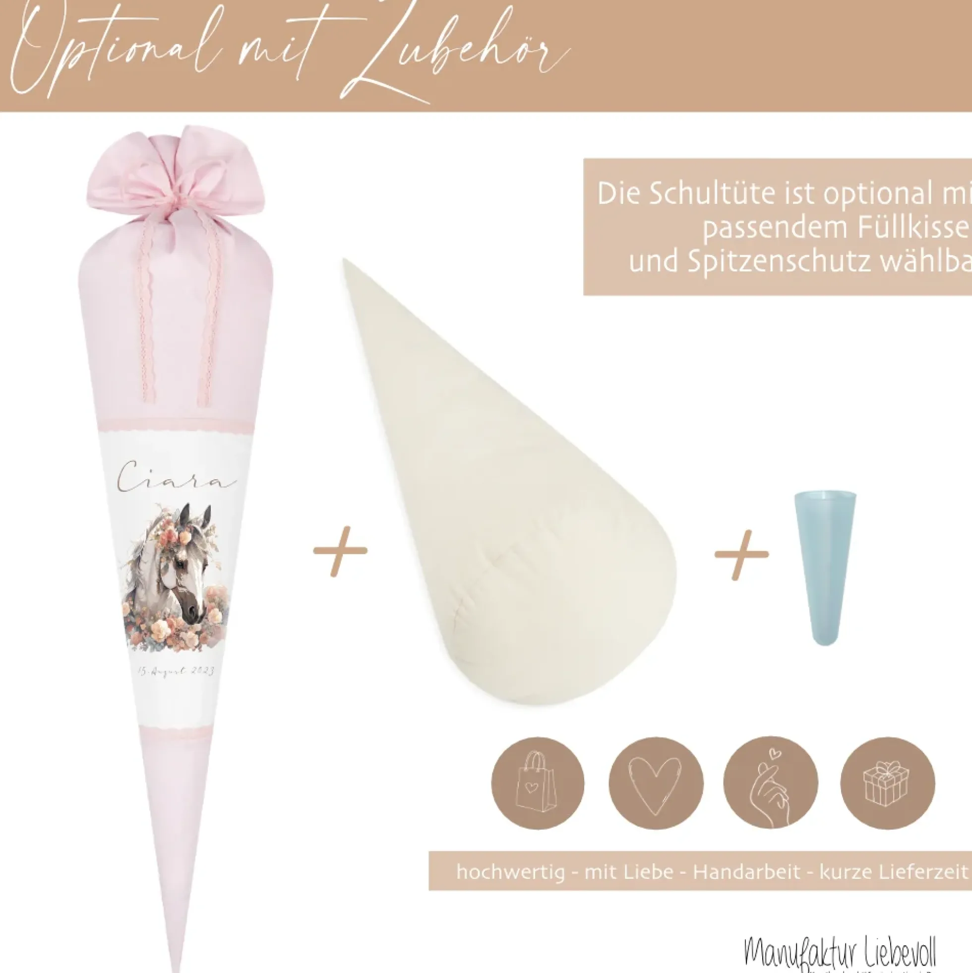 Pferde Stoff Schultüte Pony Zuckertüte in Rosa für Mädchen mit Namen Einschulungstüte Einschulung Datum Blumen Füllkissen 70 cm I Optional mit Füllkissen und Spitzenschutz