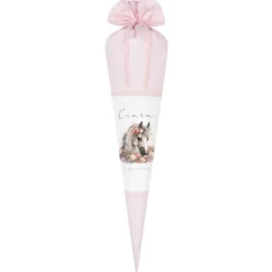 Pferde Stoff Schultüte Pony Zuckertüte in Rosa für Mädchen mit Namen Einschulungstüte Einschulung Datum Blumen Füllkissen 70 cm I Optional mit Füllkissen und Spitzenschutz