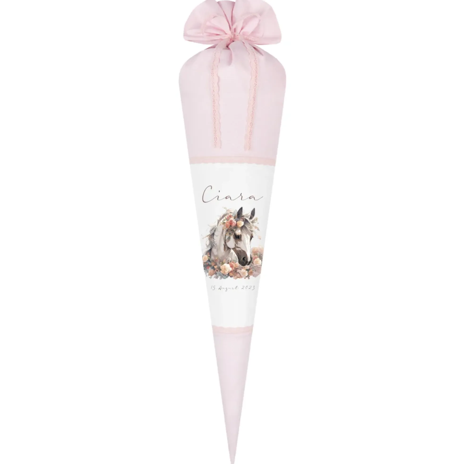 Pferde Stoff Schultüte Pony Zuckertüte in Rosa für Mädchen mit Namen Einschulungstüte Einschulung Datum Blumen Füllkissen 70 cm I Optional mit Füllkissen und Spitzenschutz