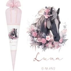 Pferde Zuckertüte Pony in rosa für Mädchen mit Namen Stoff Schultüte personalisiert Einschulungstüte Einschulung Datum Blumen 70 cm I Optional mit Füllkissen und Spitzenschutz