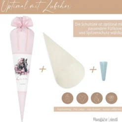 Pferde Zuckertüte Pony in rosa für Mädchen mit Namen Stoff Schultüte personalisiert Einschulungstüte Einschulung Datum Blumen 70 cm I Optional mit Füllkissen und Spitzenschutz