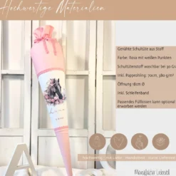 Pferde Zuckertüte Pony in rosa für Mädchen mit Namen Stoff Schultüte personalisiert Einschulungstüte Einschulung Datum Blumen 70 cm I Optional mit Füllkissen und Spitzenschutz