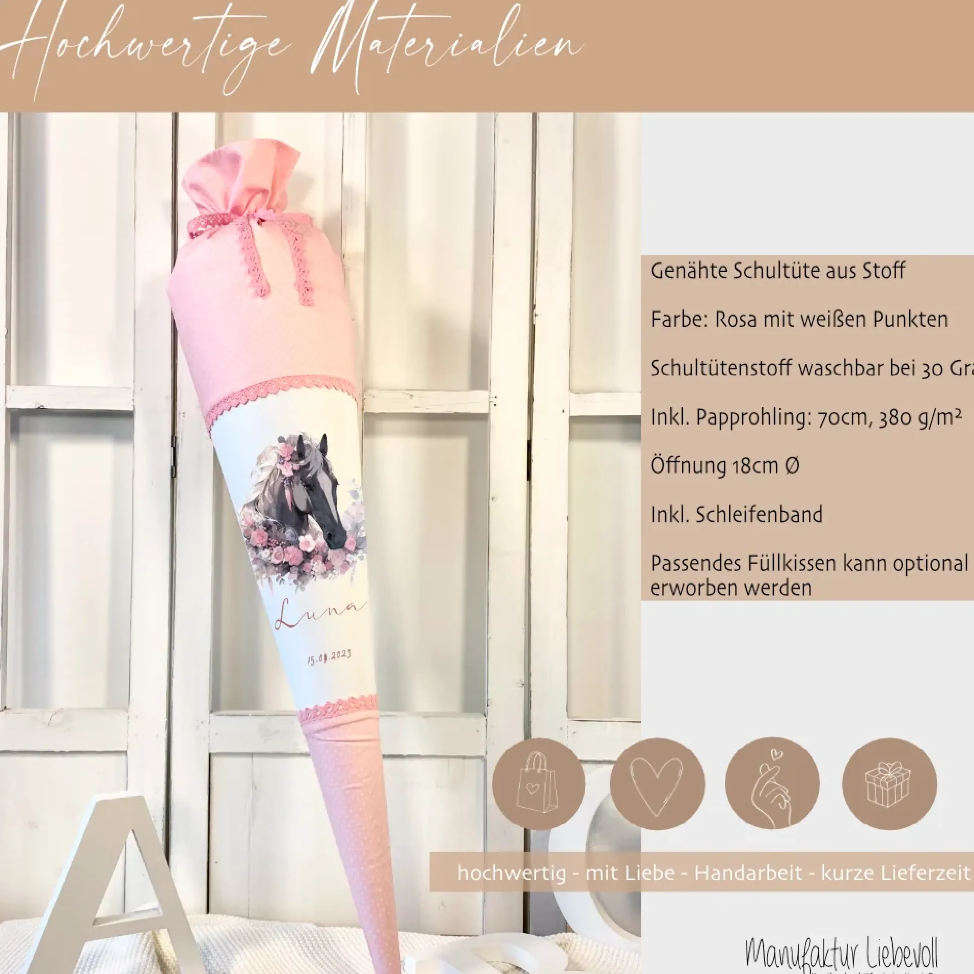Pferde Zuckertüte Pony in rosa für Mädchen mit Namen Stoff Schultüte personalisiert Einschulungstüte Einschulung Datum Blumen 70 cm I Optional mit Füllkissen und Spitzenschutz