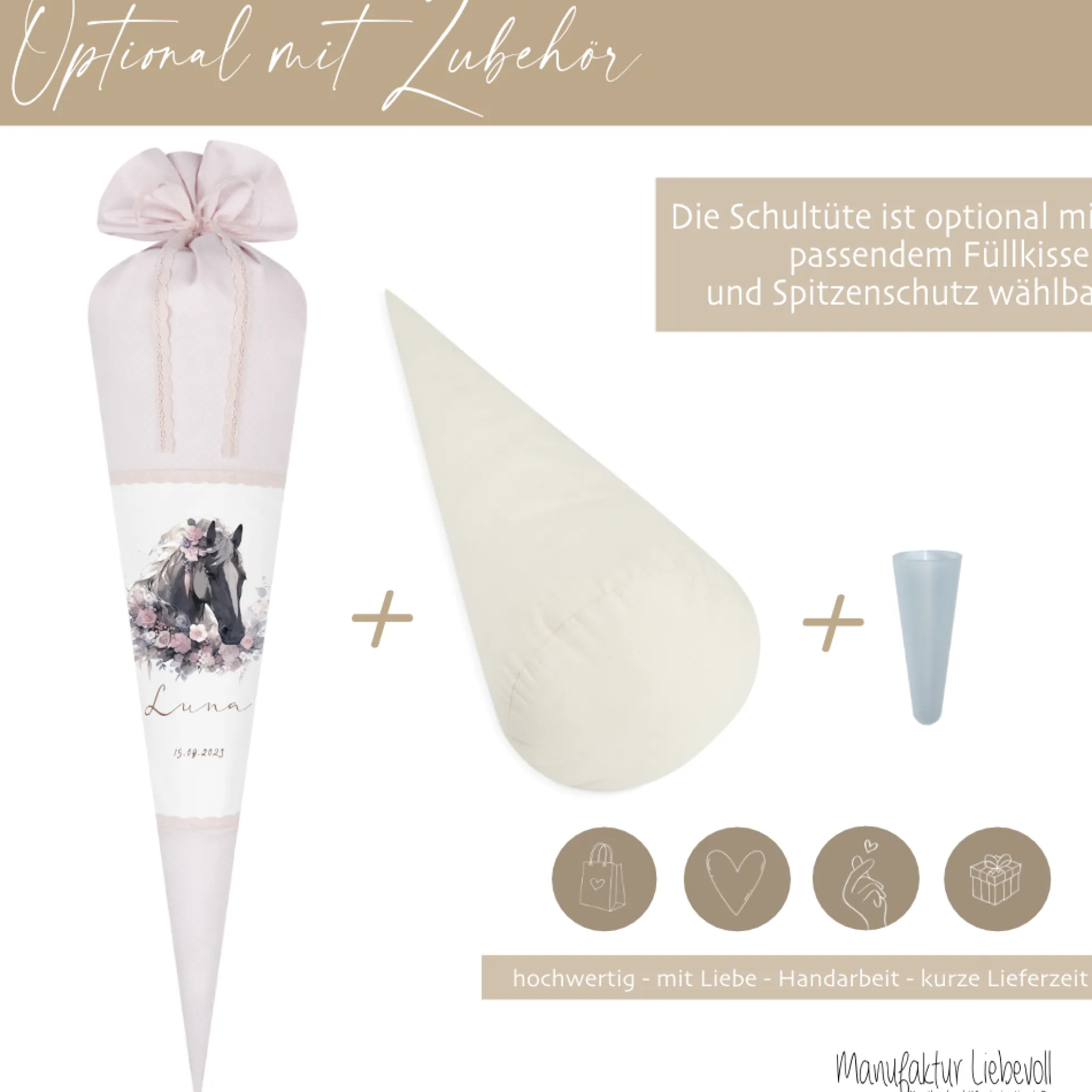 Pferde Zuckertüte Pony in rosa für Mädchen mit Namen Stoff Schultüte personalisiert Einschulungstüte Einschulung Datum Blumen 70 cm I Optional mit Füllkissen und Spitzenschutz