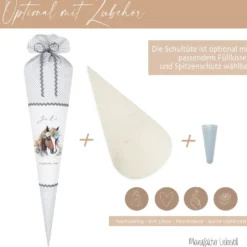 Pony Stoff Schultüte für Mädchen graue Zuckertüte Pferd Boho Name personalisiert Einschulungstüte Datum Blumen 70 cm I Optional mit Füllkissen und Spitzenschutz