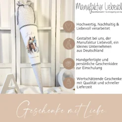 Pony Stoff Schultüte für Mädchen graue Zuckertüte Pferd Boho Name personalisiert Einschulungstüte Datum Blumen 70 cm I Optional mit Füllkissen und Spitzenschutz