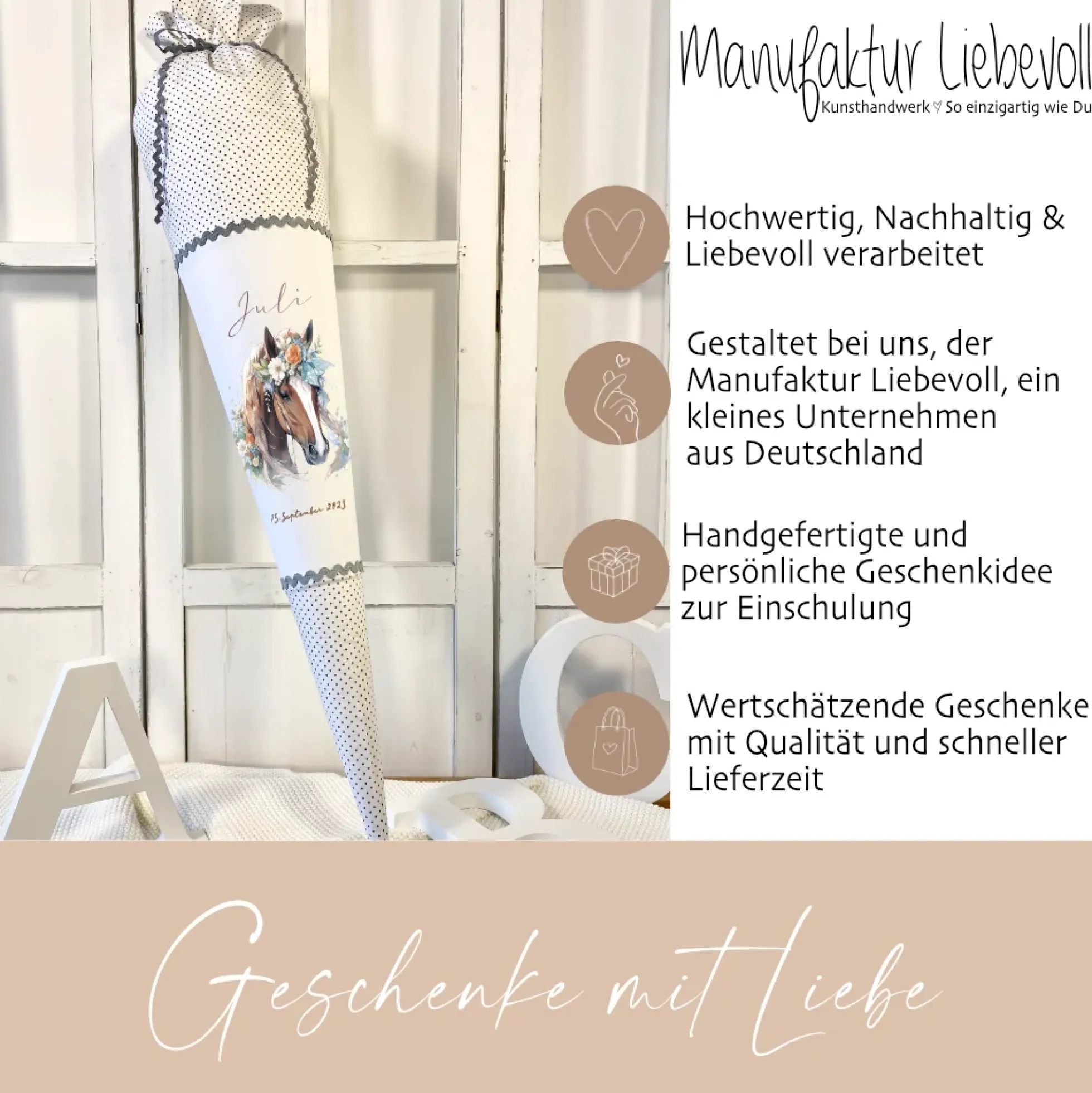 Pony Stoff Schultüte für Mädchen graue Zuckertüte Pferd Boho Name personalisiert Einschulungstüte Datum Blumen 70 cm I Optional mit Füllkissen und Spitzenschutz