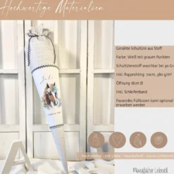 Pony Stoff Schultüte für Mädchen graue Zuckertüte Pferd Boho Name personalisiert Einschulungstüte Datum Blumen 70 cm I Optional mit Füllkissen und Spitzenschutz