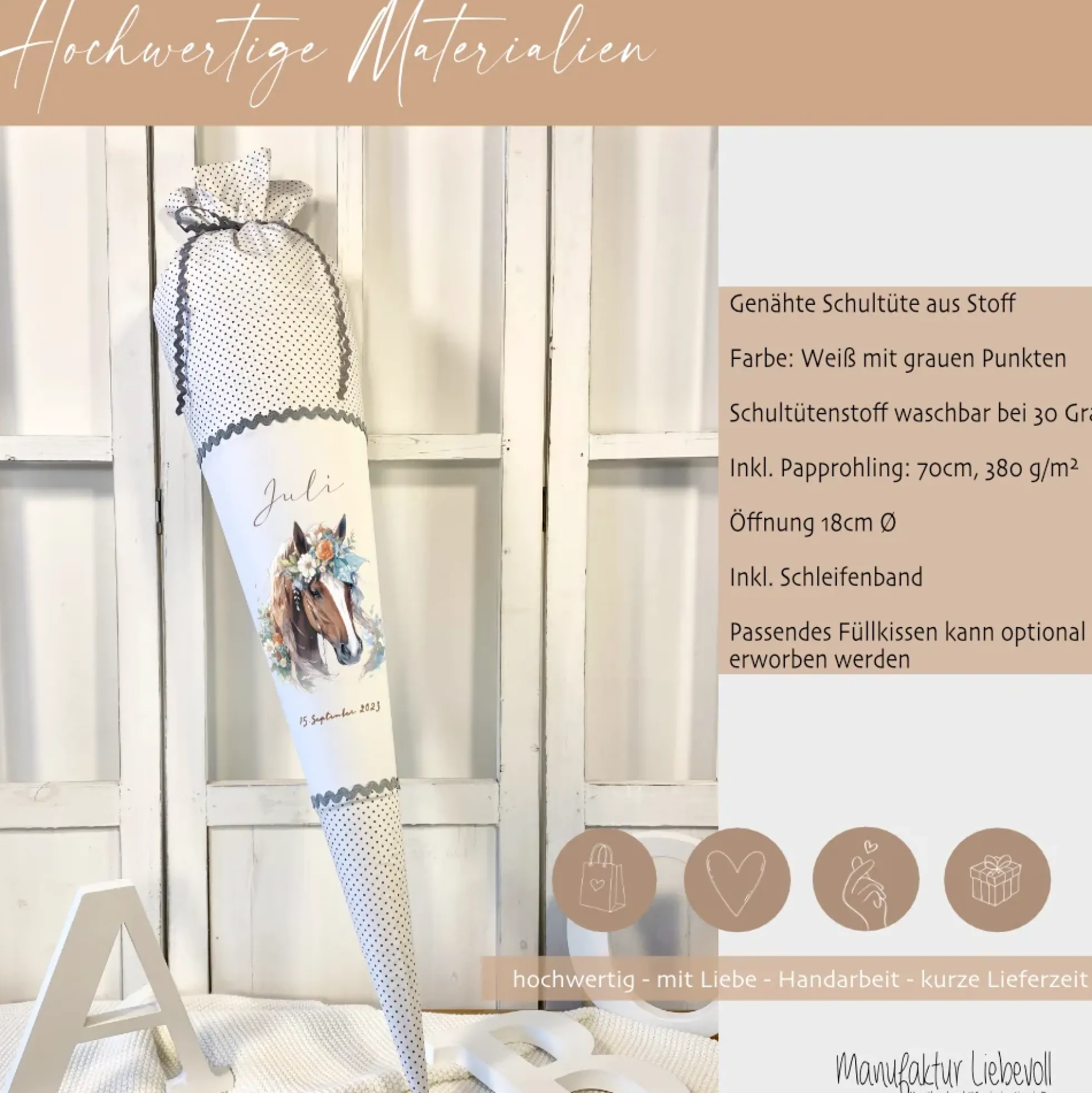Pony Stoff Schultüte für Mädchen graue Zuckertüte Pferd Boho Name personalisiert Einschulungstüte Datum Blumen 70 cm I Optional mit Füllkissen und Spitzenschutz