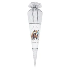 Pony Stoff Schultüte für Mädchen graue Zuckertüte Pferd Boho Name personalisiert Einschulungstüte Datum Blumen 70 cm I Optional mit Füllkissen und Spitzenschutz