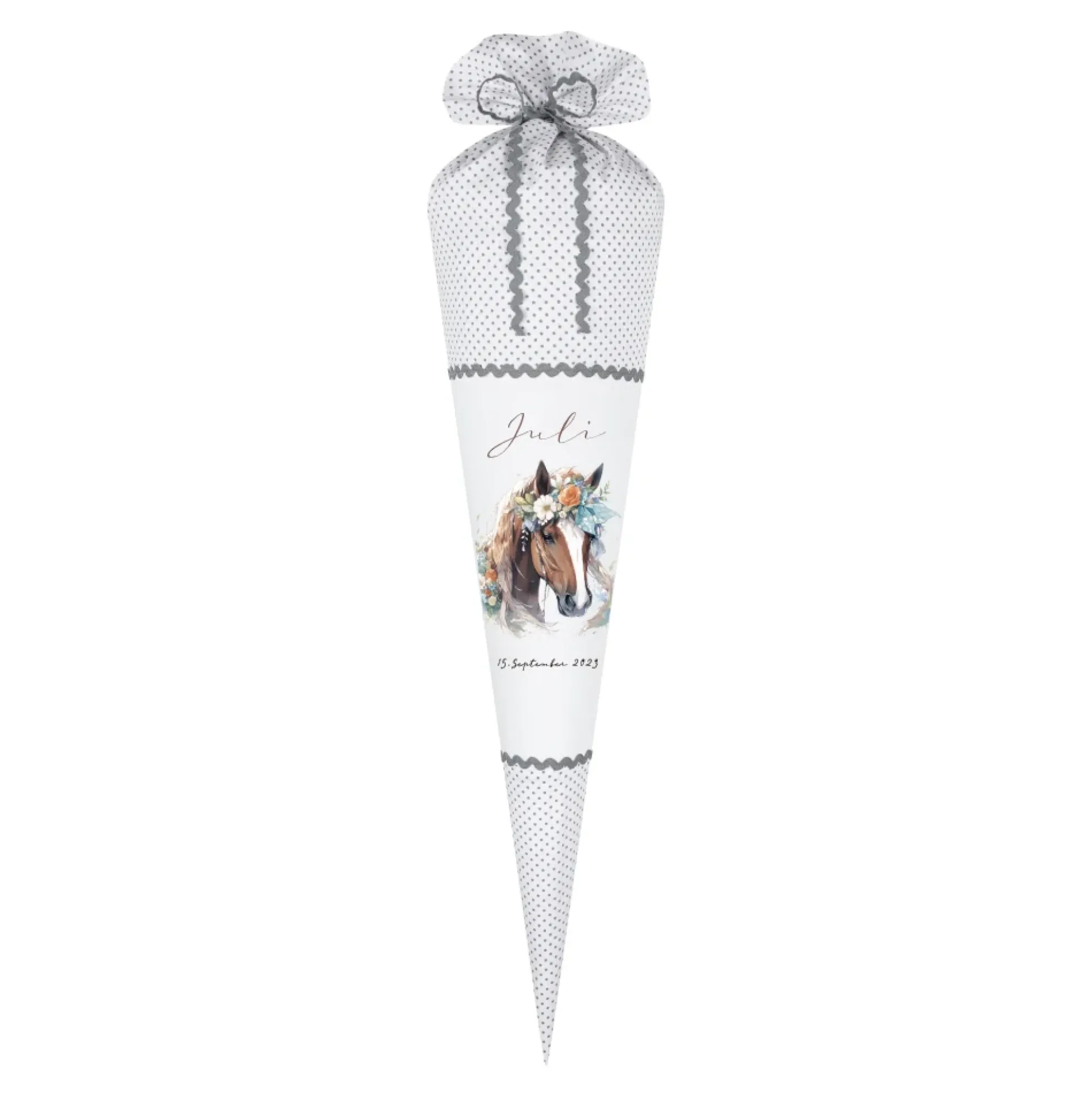 Pony Stoff Schultüte für Mädchen graue Zuckertüte Pferd Boho Name personalisiert Einschulungstüte Datum Blumen 70 cm I Optional mit Füllkissen und Spitzenschutz