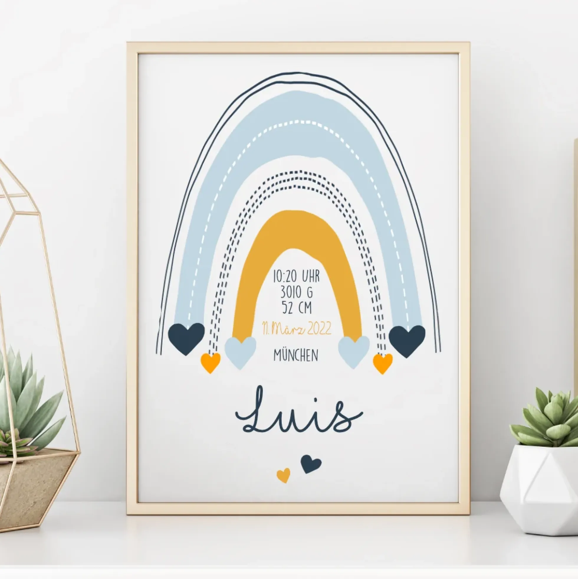 Poster mit Namen und Geburtsdaten | Motiv "Regenbogen" für Jungen u. Mädchen | Liebevolle Dekoration für das Baby- u. Kinderzimmer| Persönliches Geschenk zur Geburt u. Taufe mit Namen | 4 Varianten zur Auswahl