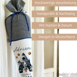 Raketen Schultüte Weltall | Personalisiert mit dem Namen und Buchstaben für Jungen | Optional mit Füllkissen und Spitzenschutz
