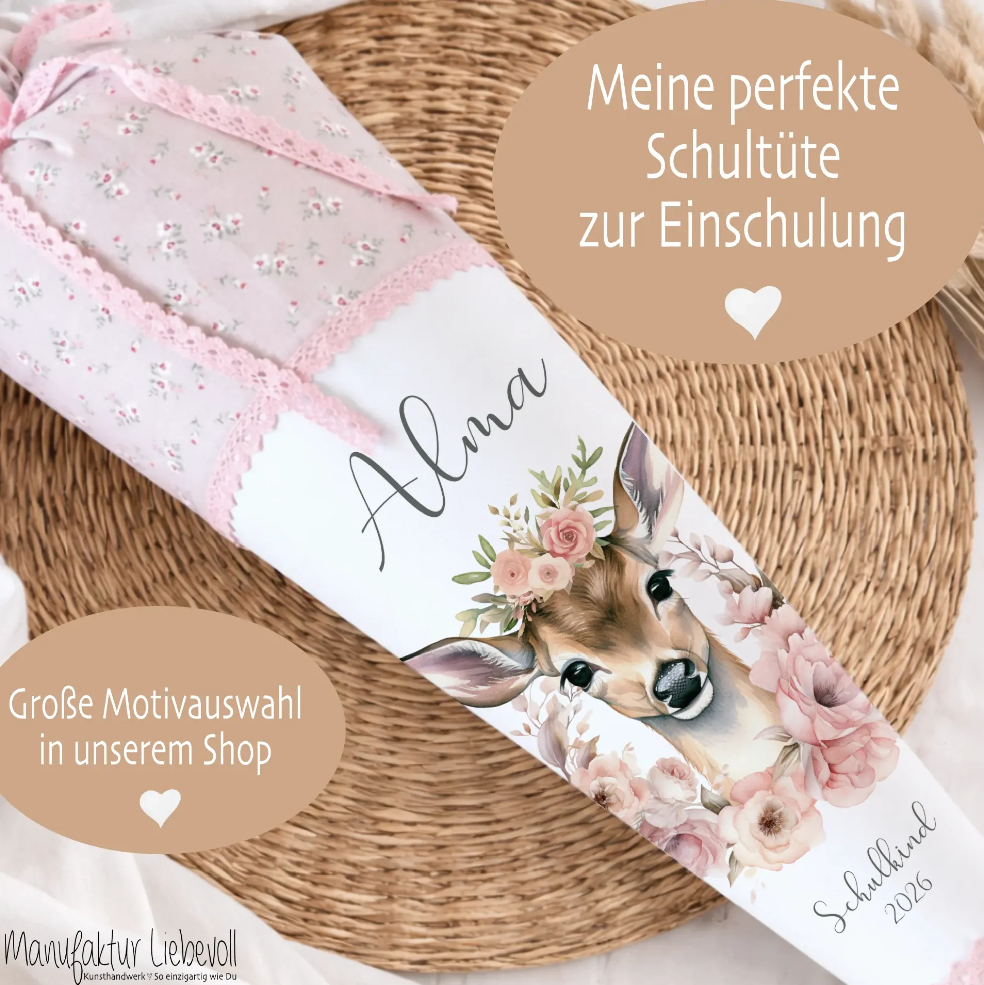 Reh Schultüte Mädchen personalisiert - Rehkitz Schultüte mit Namen - Bambi Stoff Schultüte Einschulung Geschenk – rosa boho Schultüte