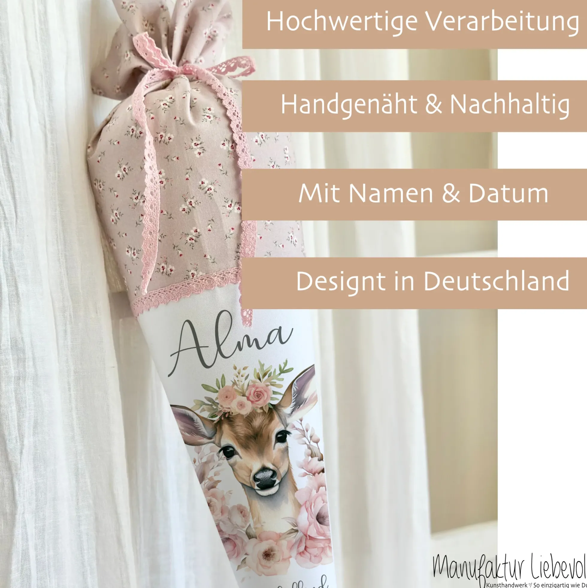 Reh Schultüte Mädchen personalisiert - Rehkitz Schultüte mit Namen - Bambi Stoff Schultüte Einschulung Geschenk – rosa boho Schultüte