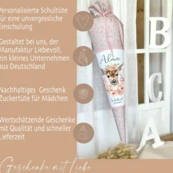Reh Schultüte Mädchen personalisiert - Rehkitz Schultüte mit Namen - Bambi Stoff Schultüte Einschulung Geschenk – rosa boho Schultüte