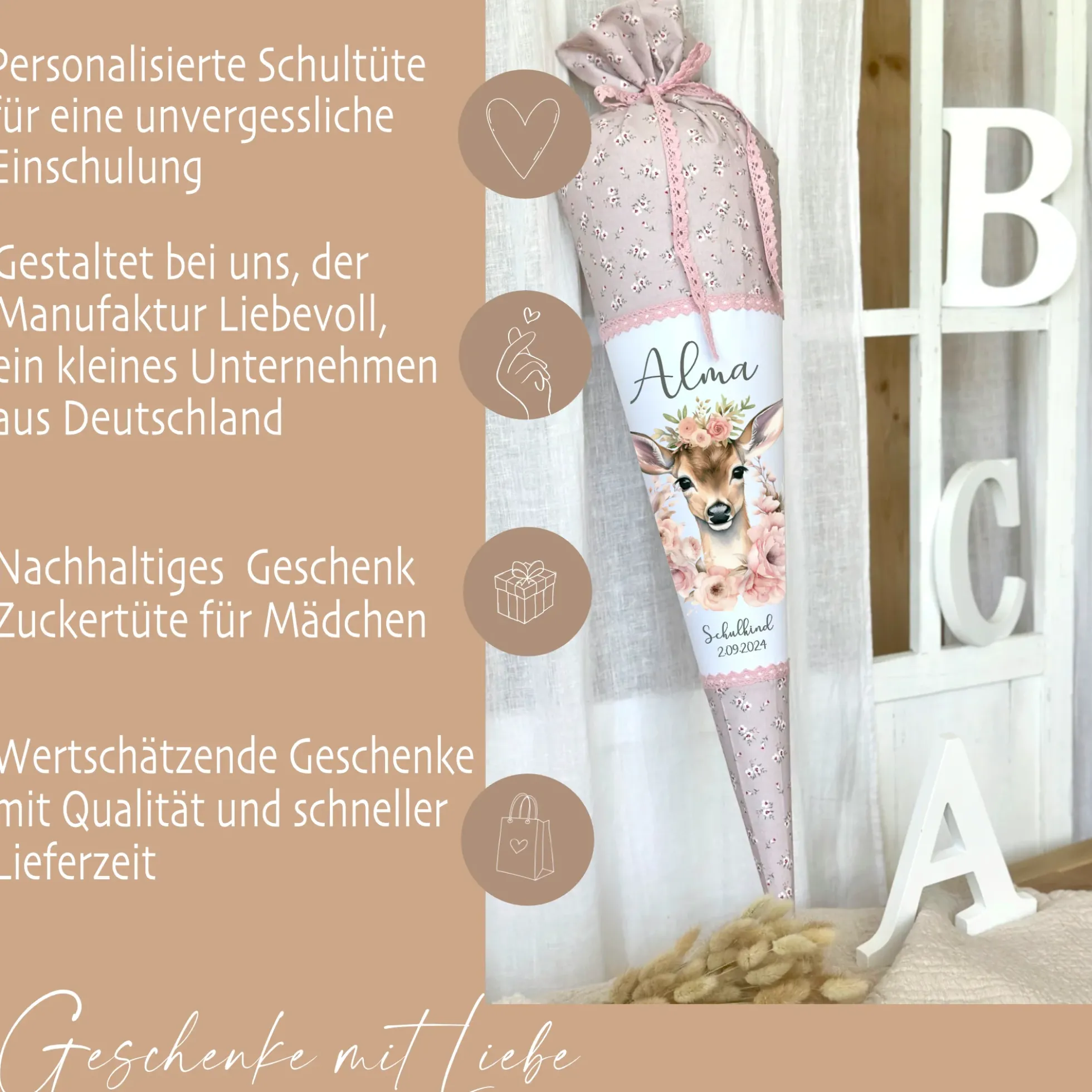 Reh Schultüte Mädchen personalisiert - Rehkitz Schultüte mit Namen - Bambi Stoff Schultüte Einschulung Geschenk – rosa boho Schultüte
