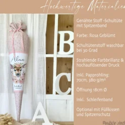 Reh Schultüte Mädchen personalisiert - Rehkitz Schultüte mit Namen - Bambi Stoff Schultüte Einschulung Geschenk – rosa boho Schultüte