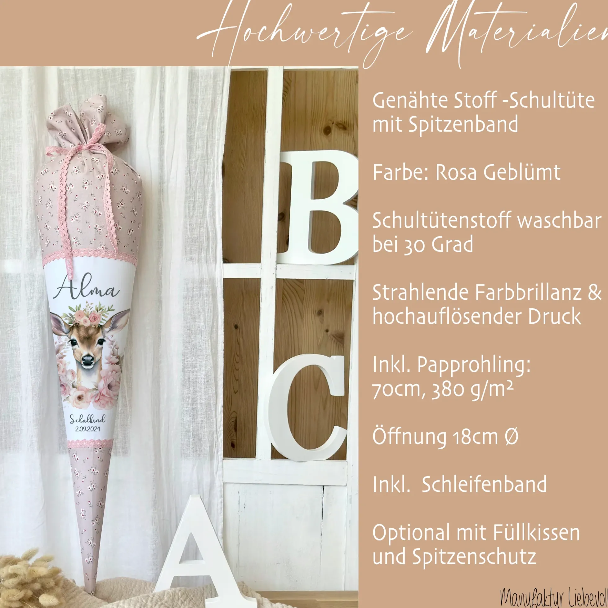 Reh Schultüte Mädchen personalisiert - Rehkitz Schultüte mit Namen - Bambi Stoff Schultüte Einschulung Geschenk – rosa boho Schultüte