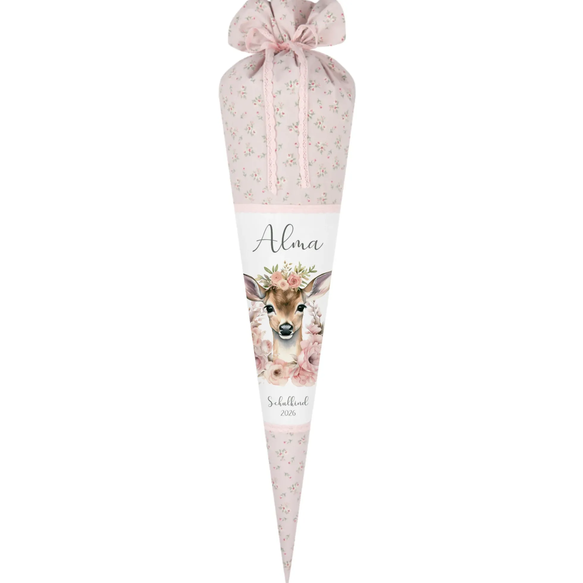 Reh Schultüte Mädchen personalisiert - Rehkitz Schultüte mit Namen - Bambi Stoff Schultüte Einschulung Geschenk – rosa boho Schultüte