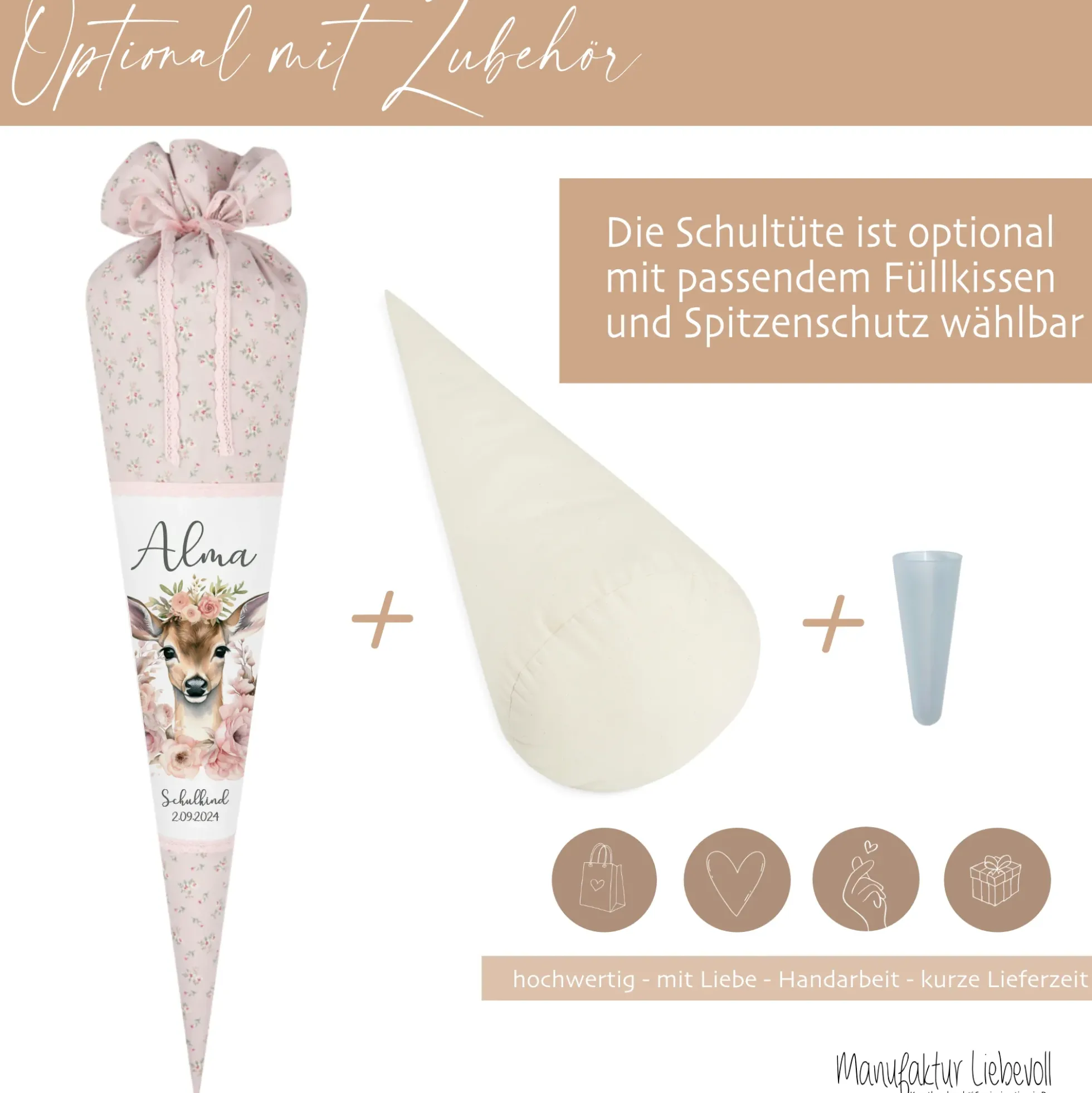 Reh Schultüte Mädchen personalisiert - Rehkitz Schultüte mit Namen - Bambi Stoff Schultüte Einschulung Geschenk – rosa boho Schultüte