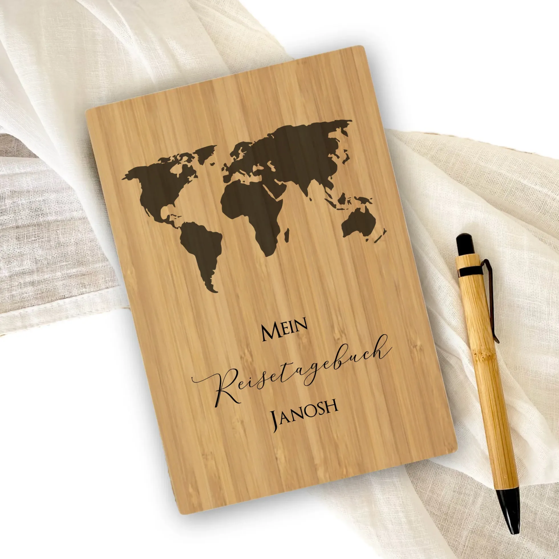 Reisetagebuch zum Selberschreiben | Notizbuch mit Name u. Weltkarte | Personalisiertes Geschenk für Sie u. Ihn