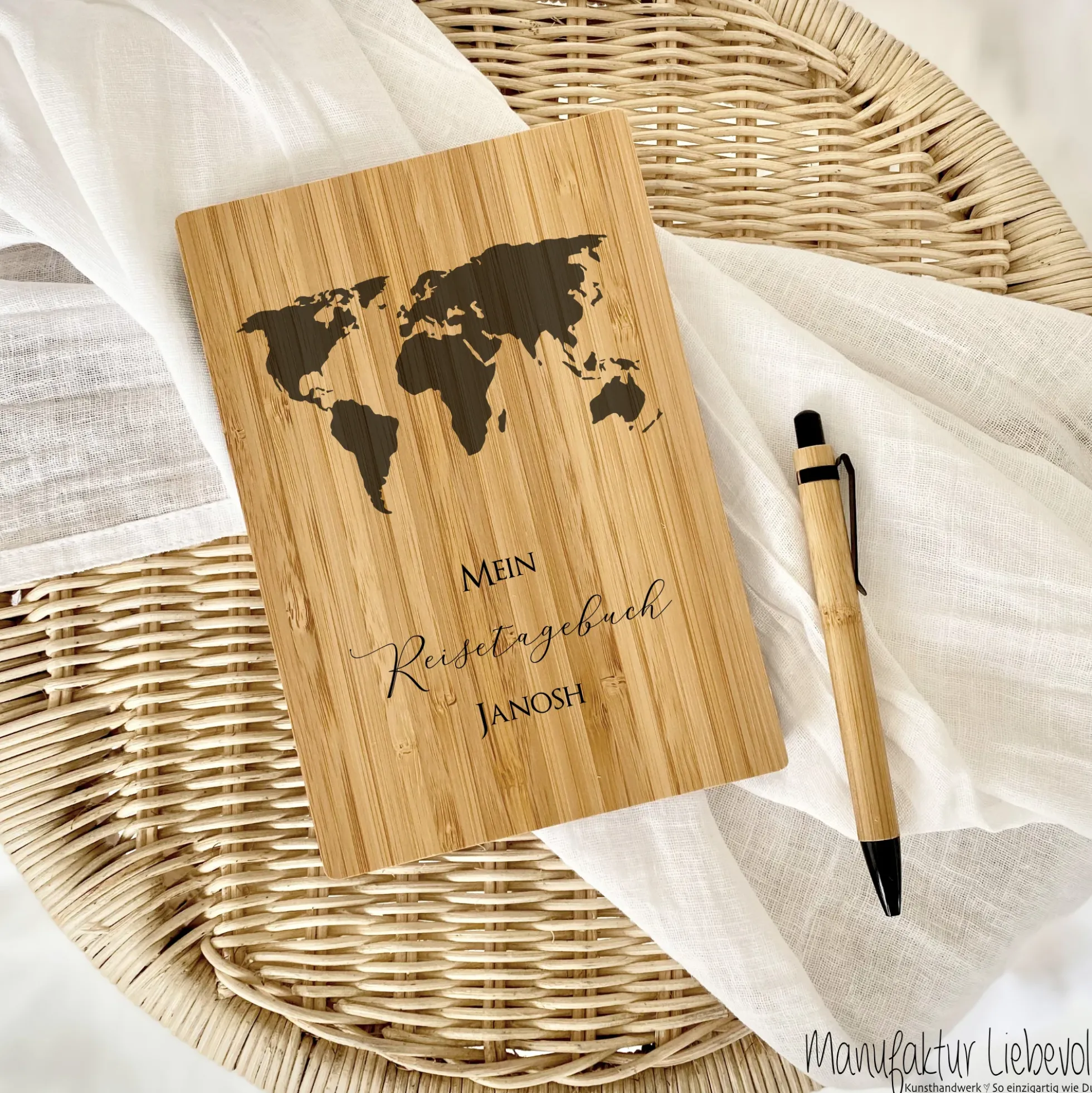 Reisetagebuch zum Selberschreiben | Notizbuch mit Name u. Weltkarte | Personalisiertes Geschenk für Sie u. Ihn
