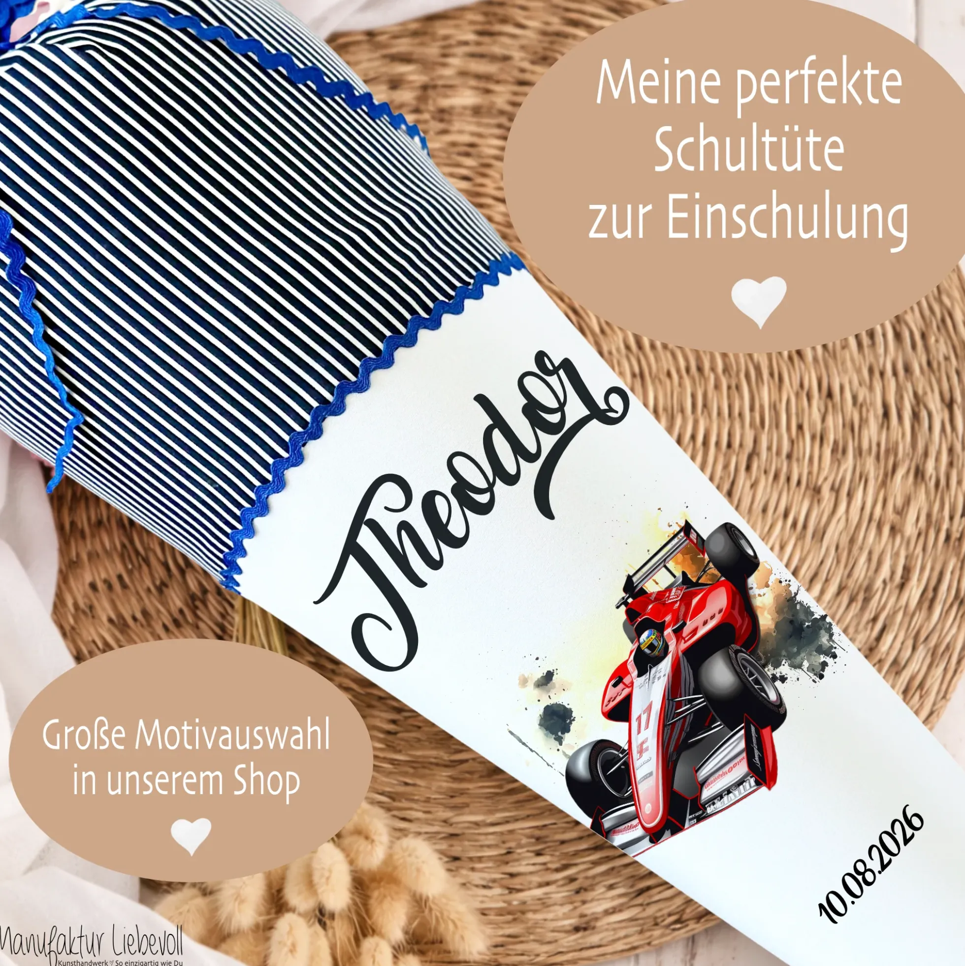 Rennauto Schultüte für Jungen personalisierte Stoff Schultüte Auto Schultüte Sportwagen Rennwagen Einschulung Junge Schulkind Geschenk