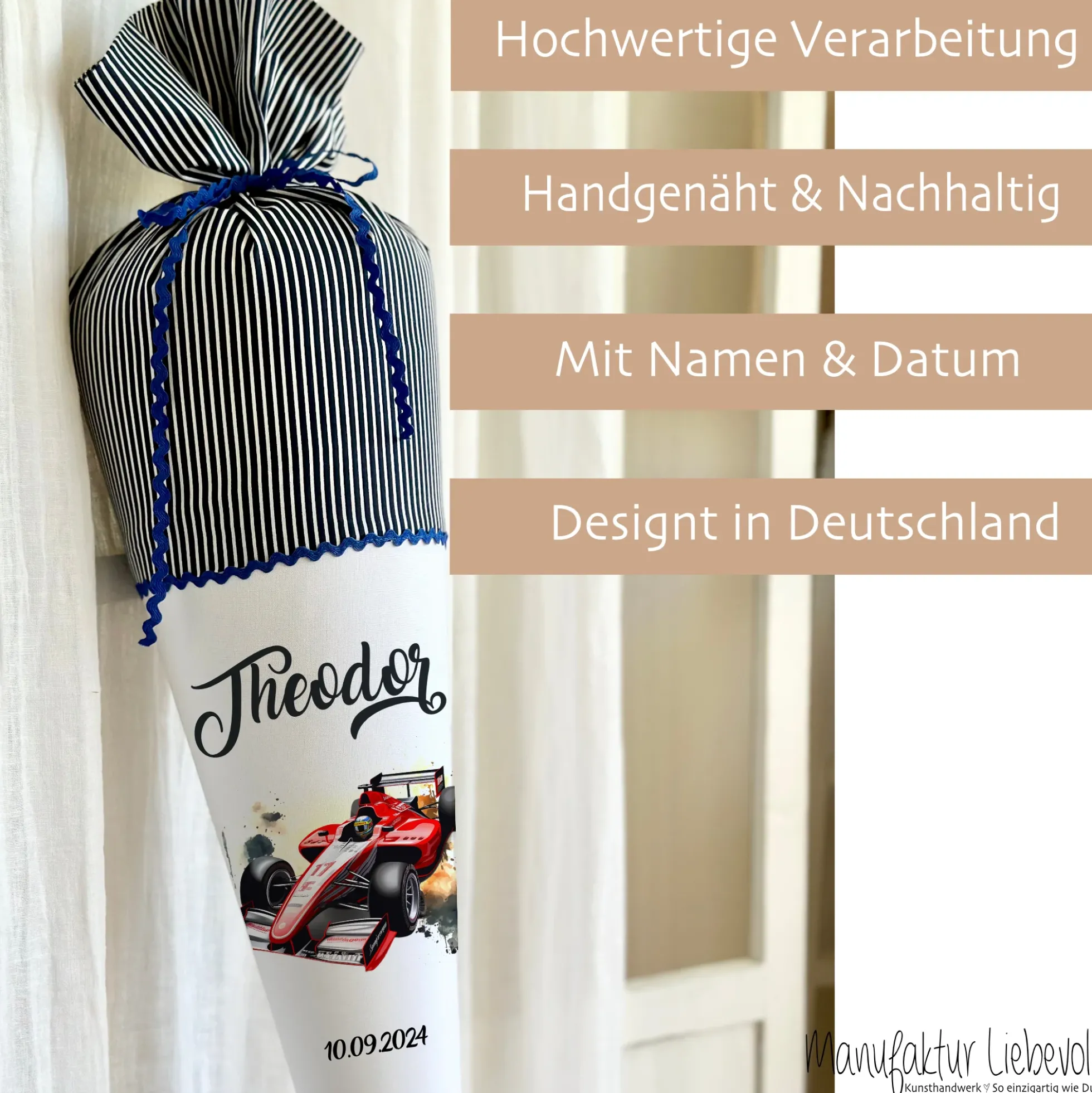 Rennauto Schultüte für Jungen personalisierte Stoff Schultüte Auto Schultüte Sportwagen Rennwagen Einschulung Junge Schulkind Geschenk