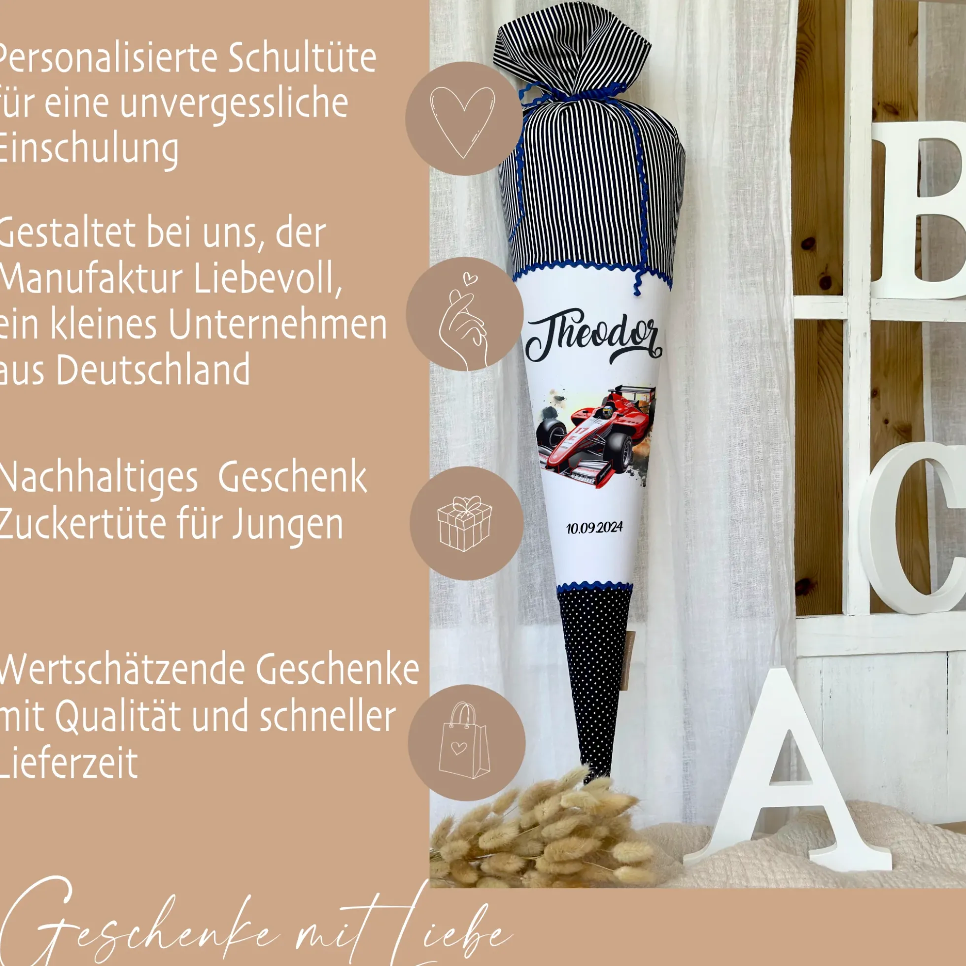 Rennauto Schultüte für Jungen personalisierte Stoff Schultüte Auto Schultüte Sportwagen Rennwagen Einschulung Junge Schulkind Geschenk