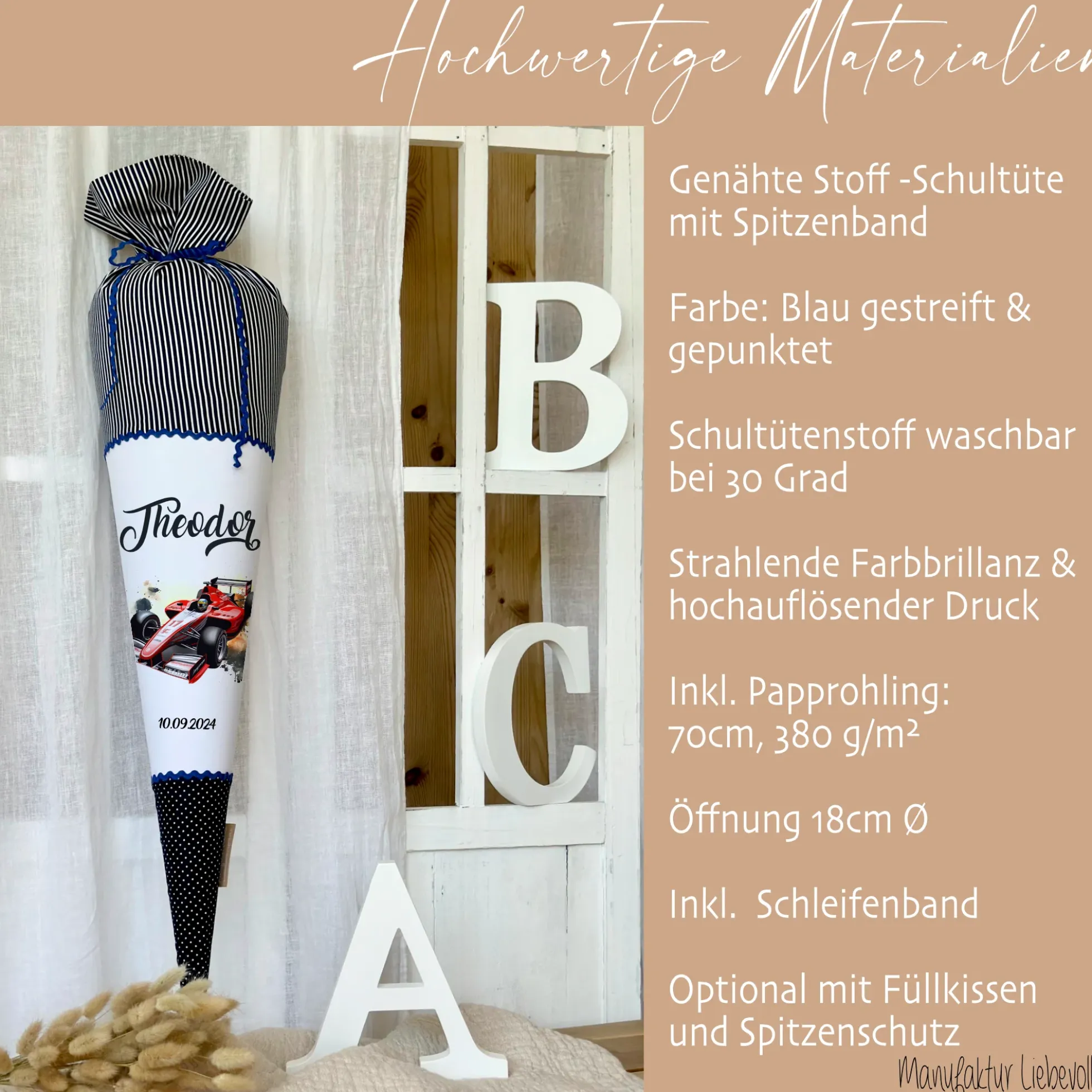 Rennauto Schultüte für Jungen personalisierte Stoff Schultüte Auto Schultüte Sportwagen Rennwagen Einschulung Junge Schulkind Geschenk