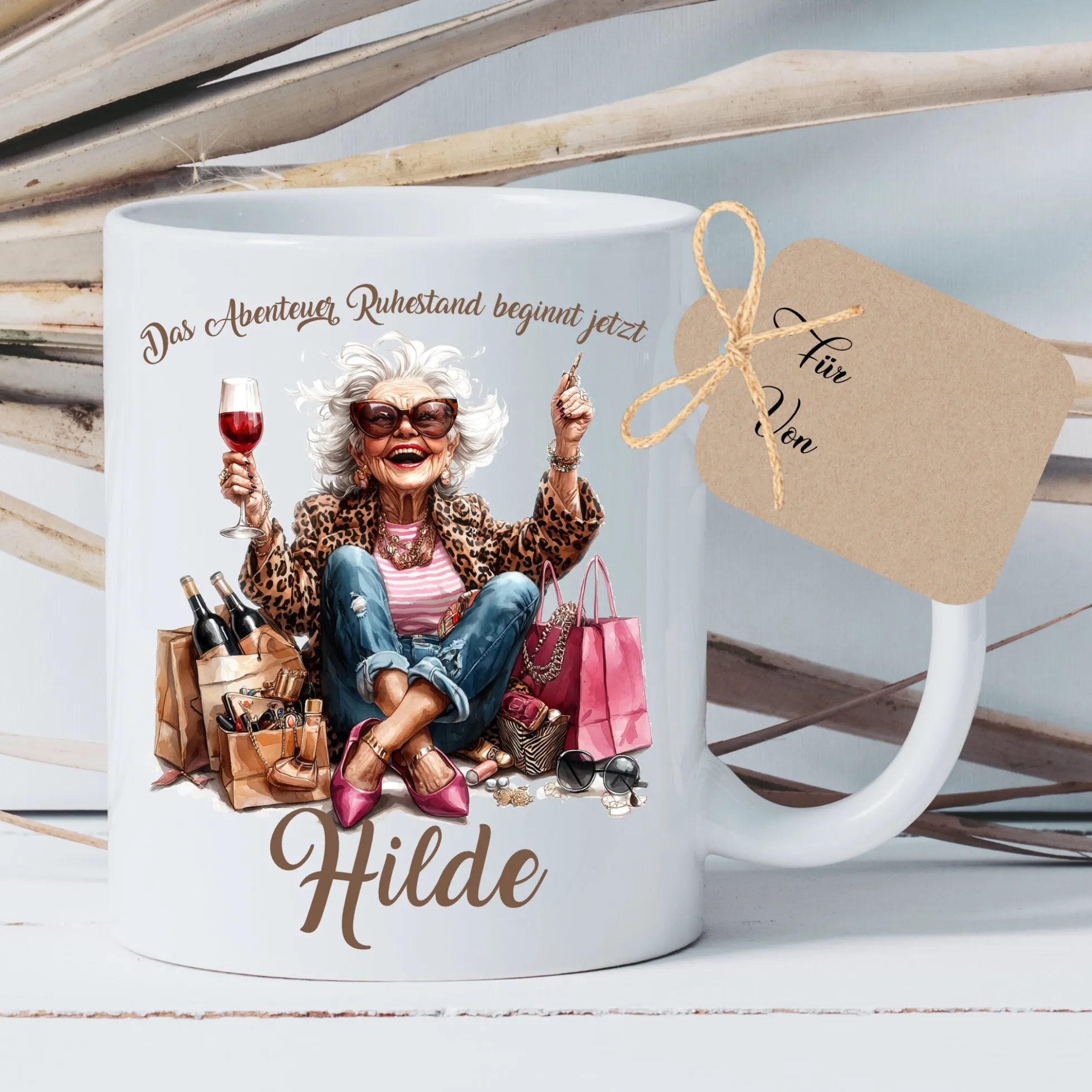 Rente Geschenk Frau Tasse personalisiert Ruhestand Abschiedsgeschenk | 2 Motivvarianten zur Auswahl
