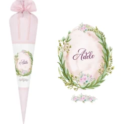 Rosa Schultüte mit floralen Motiv | Stoffschultüte für Mädchen mit Namen | Optional mit Füllkissen und Spitzenschutz